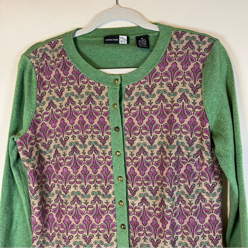 Saks Fifth Avenue Classic Green Cotton‎ and Purple Silk Blend Cardigan Sweater M - Picture 2 of 13